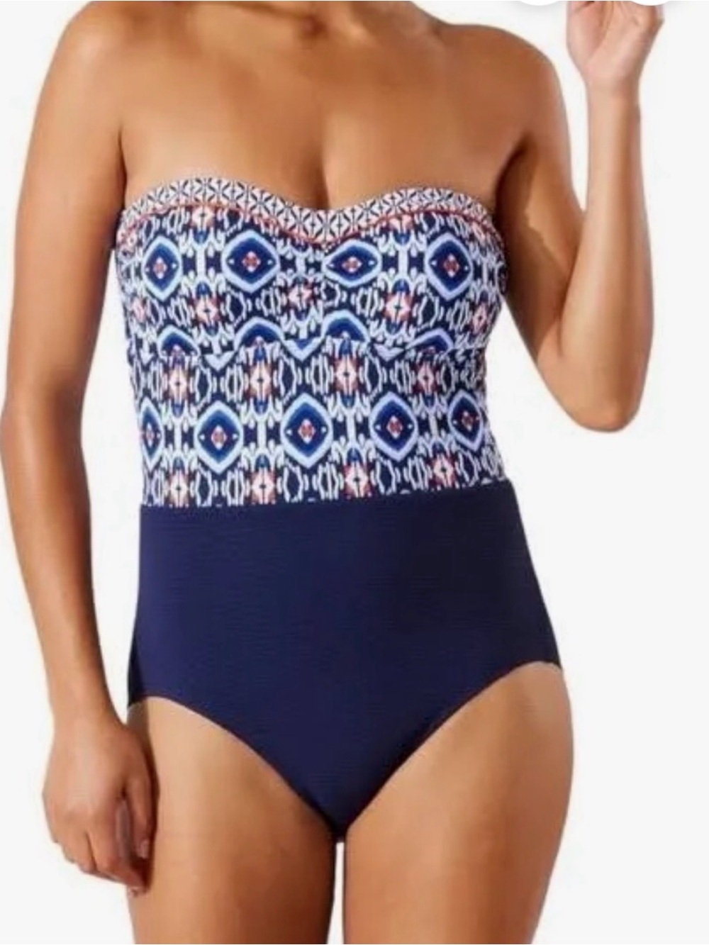 Tommy Bahama Navy Blue Strapless One-Piece with Ikat Print, Large - Picture 2 of 12